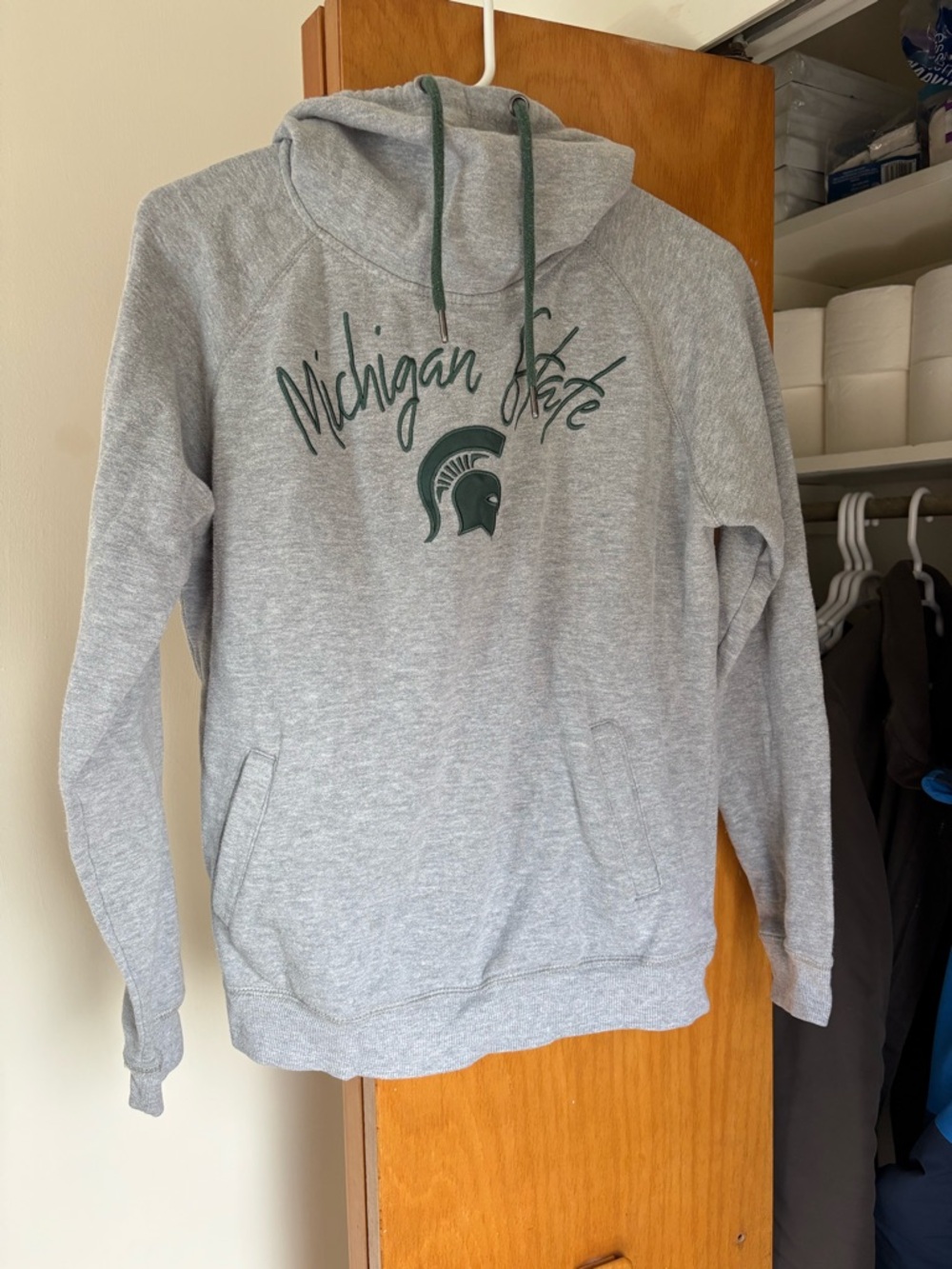 Michigan State Stadium Athletics Sweatshirt Hoodie, Gray with Green Logo